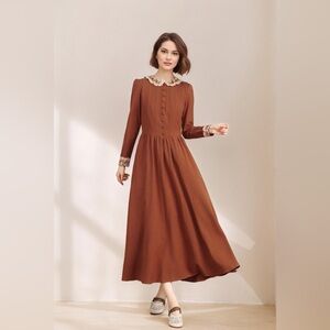 New Alexia Admor Kate Collared Pink Brown Long Sleeve Dress with Lace Trim